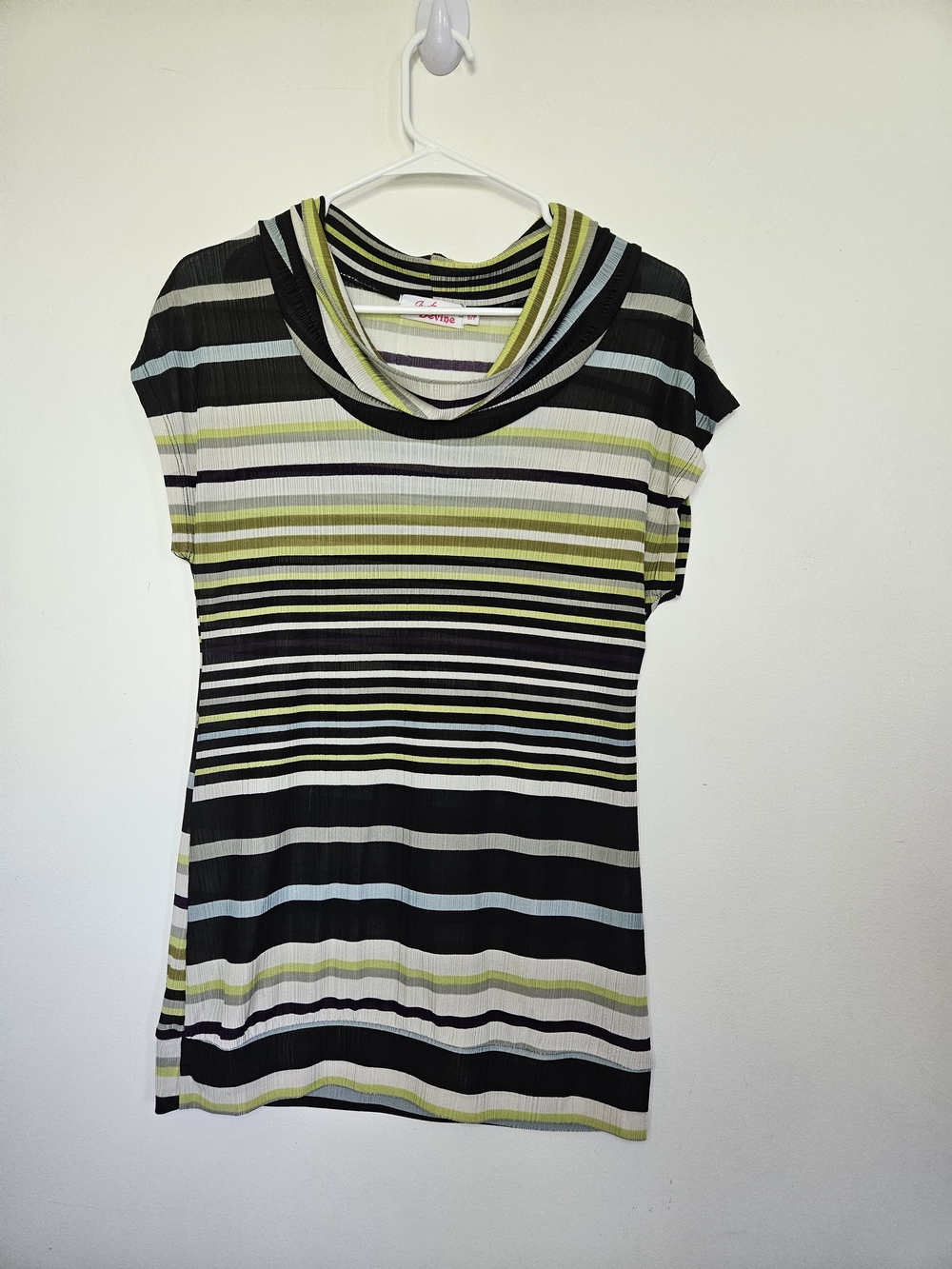 JUST DEVINE Striped Cowl Neck Pleated Top Size S Cap Sleeve Multicolor🔥